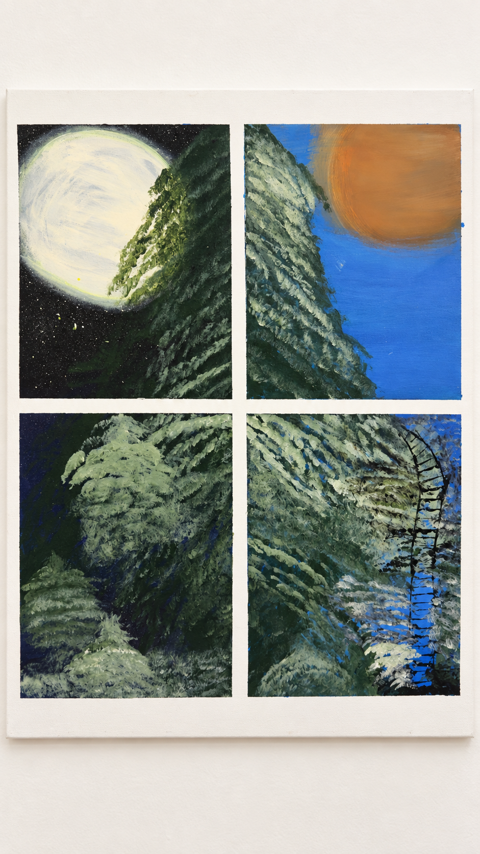 Original four-panel moonlit and sunlit landscape painting by Stacie S.