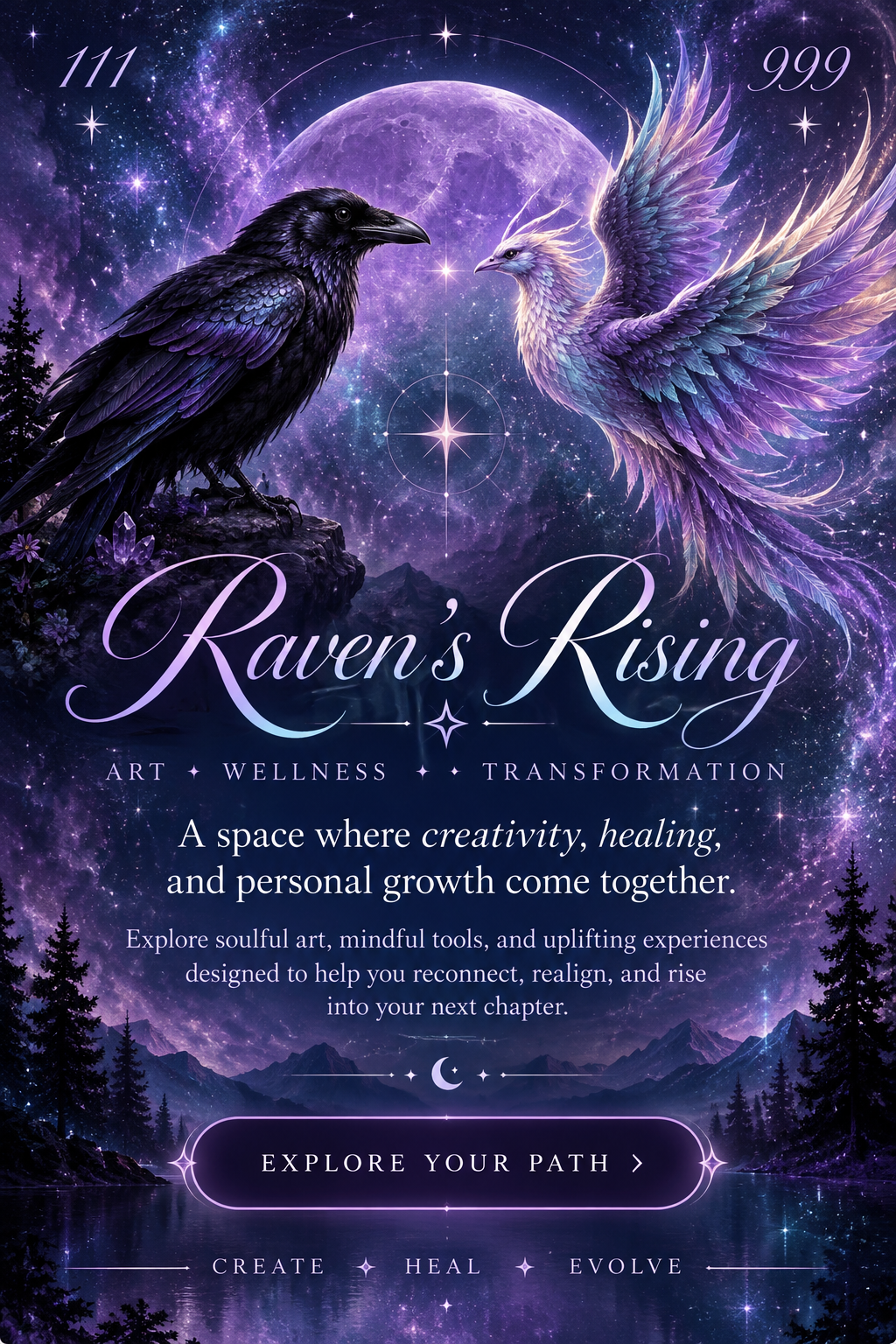 Raven’s Rising: a realistic raven and lavender phoenix face each other beneath a glowing moon, with the words Art, Wellness, Transformation and Explore Your Path.