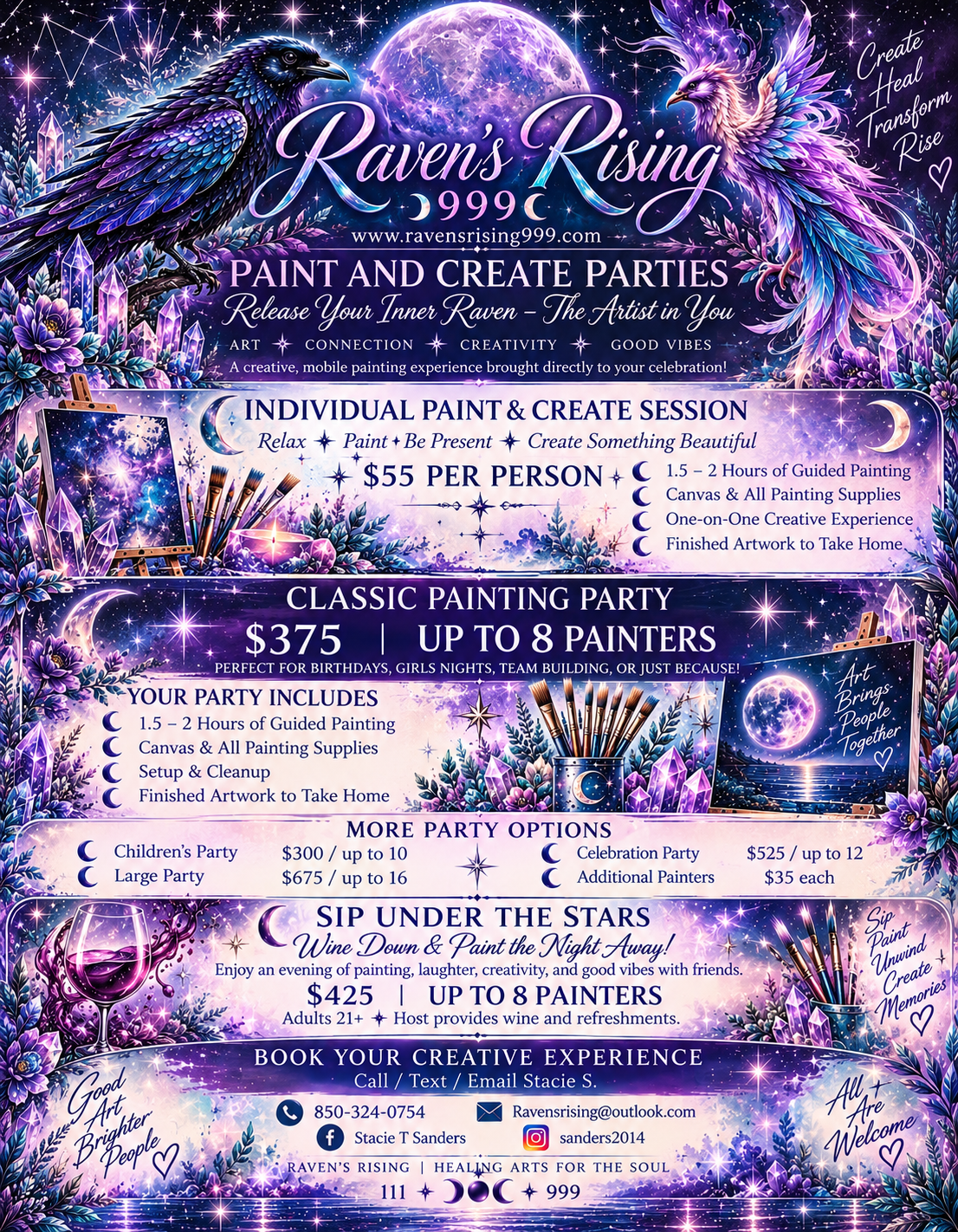 Raven’s Rising Paint and Create flyer with a realistic raven, phoenix, lavender moon, session prices and booking details.